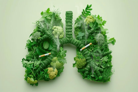 Human lungs made of green vegetables and cigarettes. The concept of healthy lifestyle.の写真素材