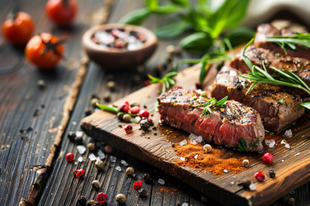 Steak with herbs and spices on a wooden background. Toned.の写真素材
