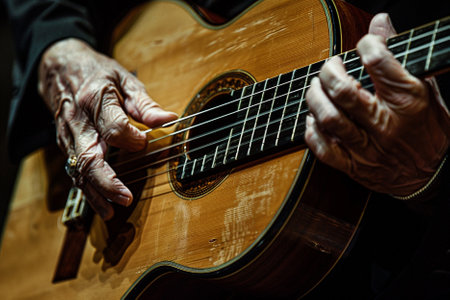 Close-up of the hands of an old woman playing the guitar