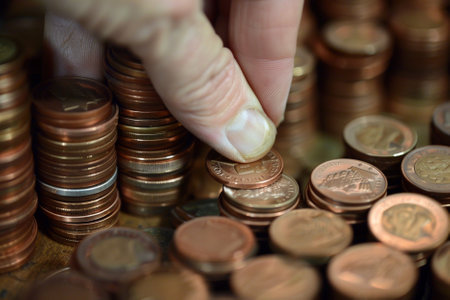 Close up of a woman's hand putting coin into a pile of coins
