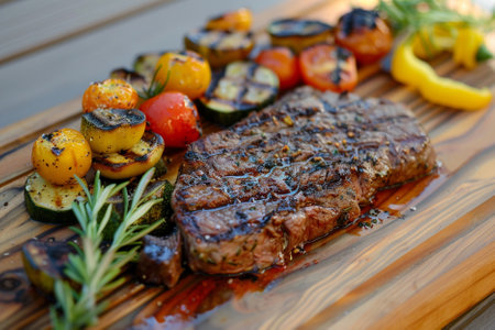 Grilled beef steak with grilled vegetables on wooden plate, closeupの写真素材