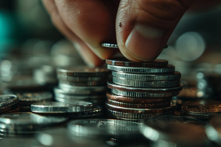 Close up of hand putting coin on stack of coins, business and finance concept.の写真素材