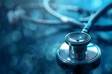 Stethoscope on blue bokeh background, medical concept.の写真素材