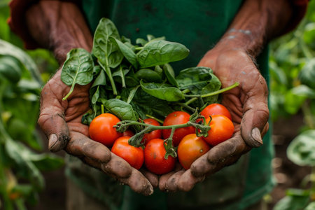 Farmer holding fresh tomatoes in his hands in the vegetable garden.