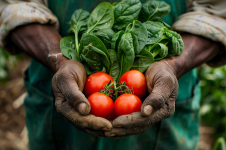Farmer holding fresh tomatoes and spinach in his hands, selective focusの写真素材
