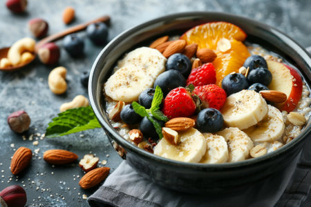 Bowl with tasty oatmeal and berries on table, closeupの写真素材
