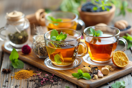 Cup of tea with mint and lemon on a wooden background.の写真素材