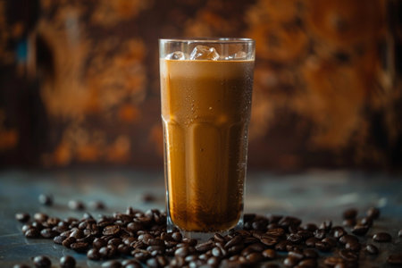 Iced coffee in a glass and coffee beans on a dark backgroundの写真素材
