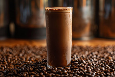 Coffee in a glass on a wooden table with coffee beansの写真素材