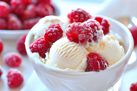 Vanilla ice cream with fresh raspberries and raspberries