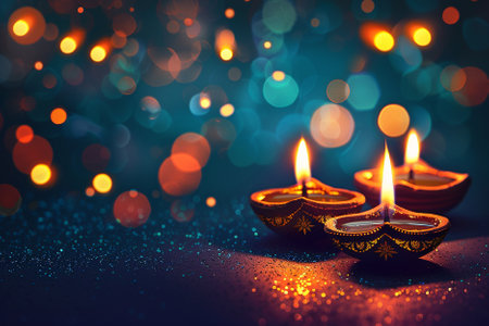 Happy Diwali - Clay Diya lamps lit during Diwali celebration.