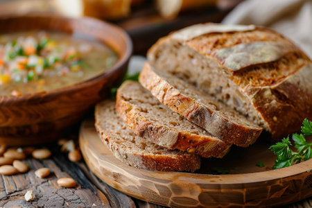 Sliced bread with lentil soup on a wooden table.の写真素材