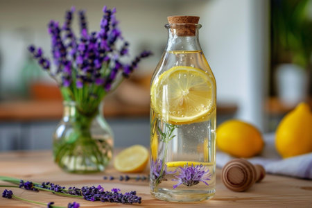 Lavender lemonade in a glass bottle with fresh lemons and lavender flowers