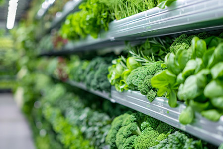 Fresh green vegetables on shelves in a supermarket. Selective focus.