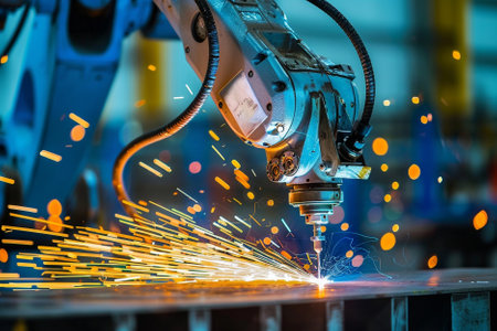 Industrial robot welding automotive part by CNC laser cutting machine in factory