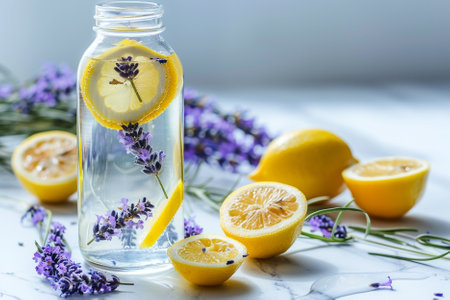 Lemonade with fresh lemon and lavender on a white backgroundの写真素材