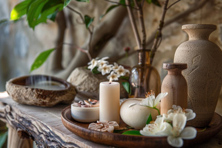 Spa still life with herbal compress balls, candles and jasmine flowersの写真素材