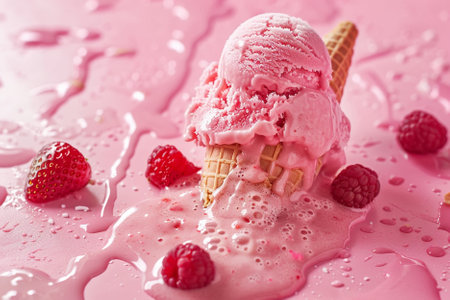 Strawberry ice cream in waffle cone on pink background.