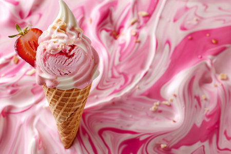 Delicious strawberry ice cream in waffle cone on pink background, closeup
