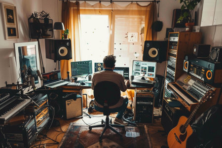 Rear view of a sound producer working on a recording studio.の写真素材