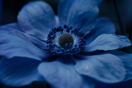 Blue anemone flower close up. Macro photo with shallow depth of fieldの写真素材