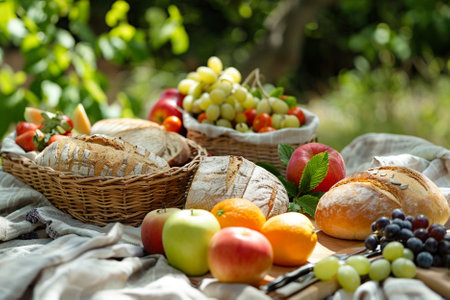 Picnic in the garden with a basket of fresh fruit and breadの写真素材
