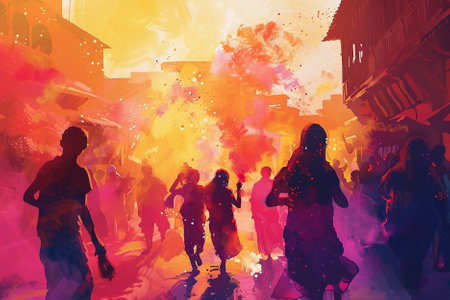 Digital painting of a group of people walking in the street with colorful splashesの写真素材