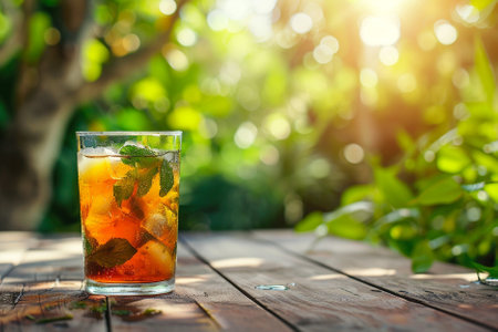 Glass of iced tea with mint leaves on wooden table in garden