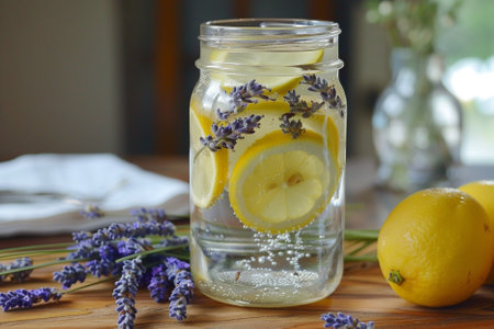 Lavender lemonade in a jar with fresh lemons and lavender flowersの写真素材