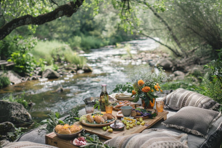 Picnic on the river in the mountains. The concept of a summer picnic.の写真素材