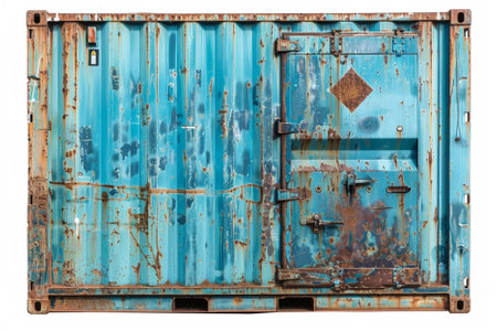 Old blue freight container isolated on white background, clipping path included.の写真素材