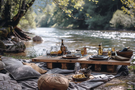 Picnic on the bank of a mountain river. Picnic in natureの写真素材