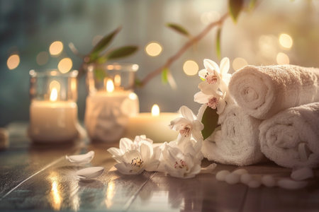 Spa setting with towels, candles and flowers on wooden table.の写真素材