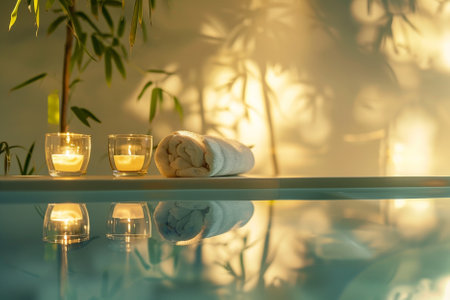 Spa composition with candles and towel on glass table in bathroom.の写真素材