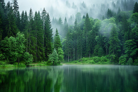 Mountain lake in the forest with fog and reflection in water.の写真素材