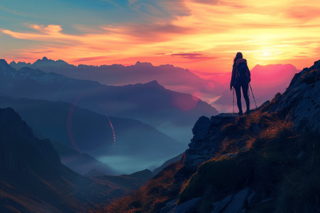 Silhouette of a woman on the top of a mountain at sunsetの写真素材