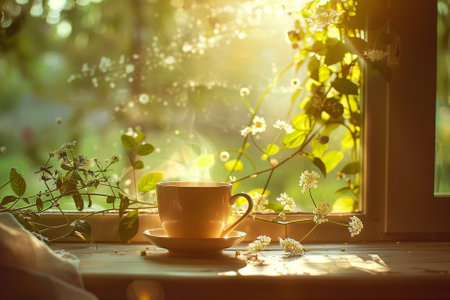 Cup of coffee on the windowsill in the rays of sunlight.