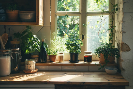 Kitchen interior with plants on a windowsill. Vintage style.の写真素材