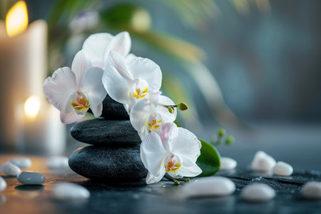 Spa still life with white orchid flowers and zen stonesの写真素材