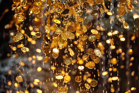 Gold coins falling in the rain with bokeh light background.の写真素材