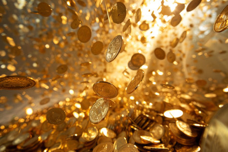 Gold coins falling on the floor with gold bokeh background.