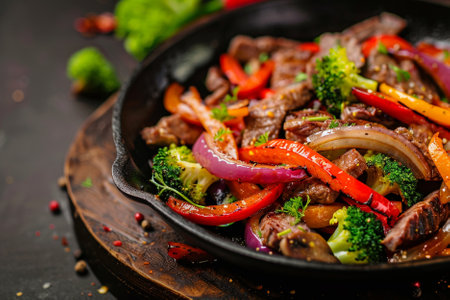 Beef steak with vegetables in a frying pan on a black backgroundの写真素材