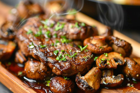 Delicious steaks with mushrooms in sauce on wooden plate, closeupの写真素材