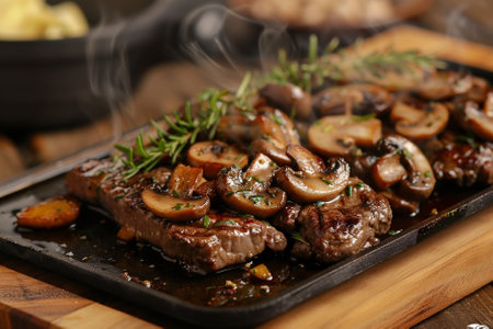 Delicious grilled meat with mushrooms and rosemary on plate, closeupの写真素材