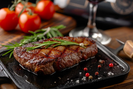 Grilled beef steak with rosemary and spices on a black plateの写真素材