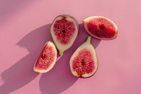 top view of fresh ripe figs on pink background with hard shadowの写真素材