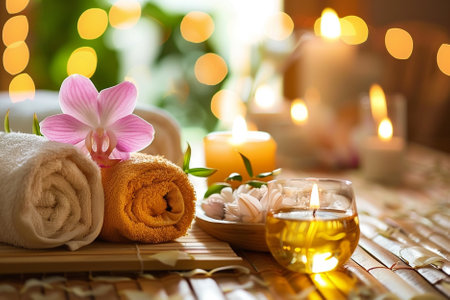 Spa setting with orchids and candles on bamboo mat, closeup