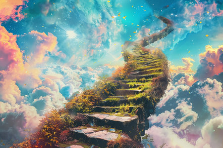 Staircase in the sky with clouds. 3d illustration.