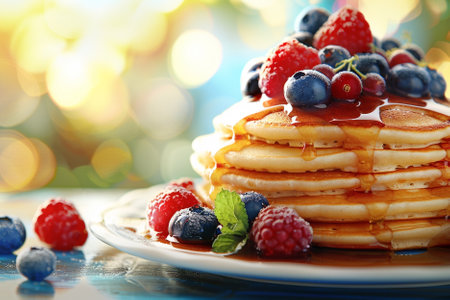 Plate with tasty pancakes and berries on table, on light background