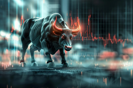 Bull on stock market background. 3d rendering. Double exposure.の写真素材
